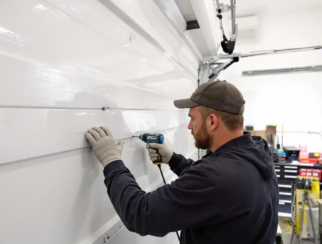 Coral Springs Garage Door Repair technician demonstrating precision dent removal techniques on a Coral Springs garage door