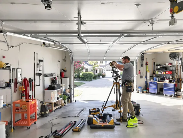 Coral Springs Garage Door Repair specialist performing laser-guided track alignment in Coral Springs
